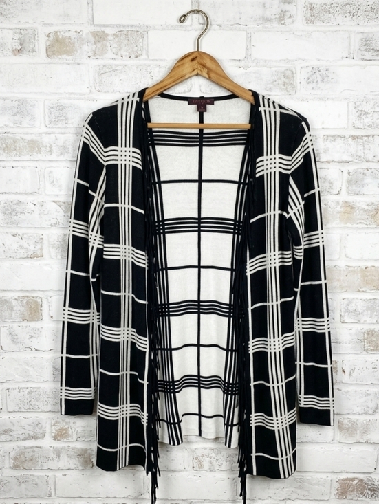 Fontana Sweaters - Fontana Black & White Plaid Open Cardigan Sweater with Fringe - Women's Size Med